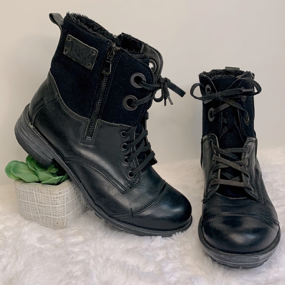JOSEF Seibel black suede leather fur lace up combat moto low boots booties